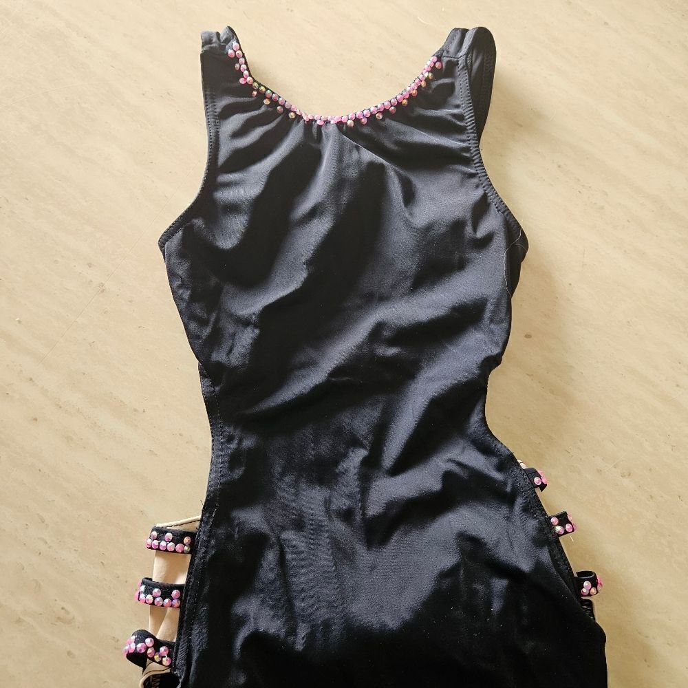 Weissman NWOT child medium semi custom dance costume black w pink rhinestones